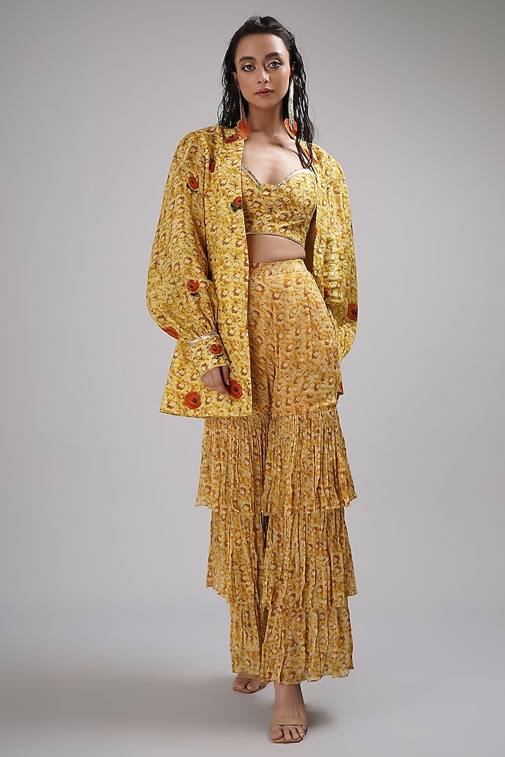 Yellow Chinon Floral Printed Layered Sharara Set by Breathe By Aakanksha Singh at Pernia's Pop Up Shop