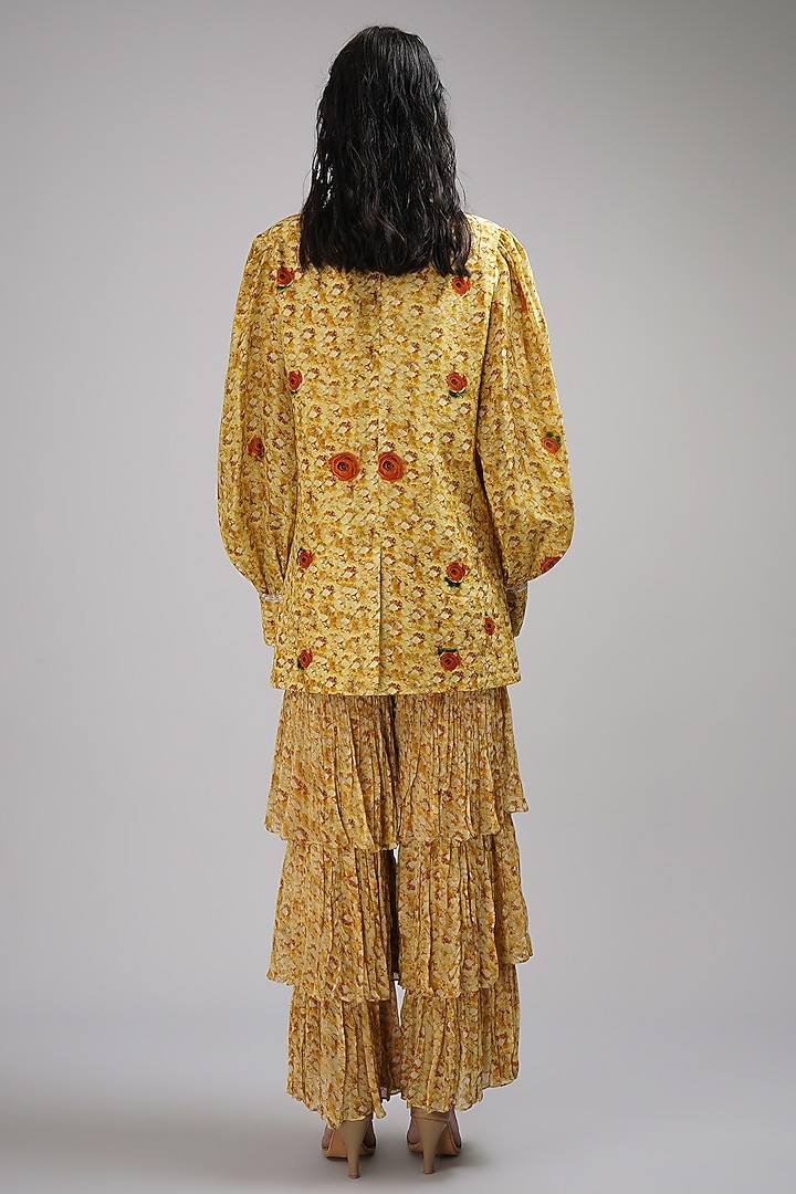 Yellow Chinon Floral Printed Layered Wedding Sharara Set by Breathe By Aakanksha Singh at Pernia's Pop Up Shop