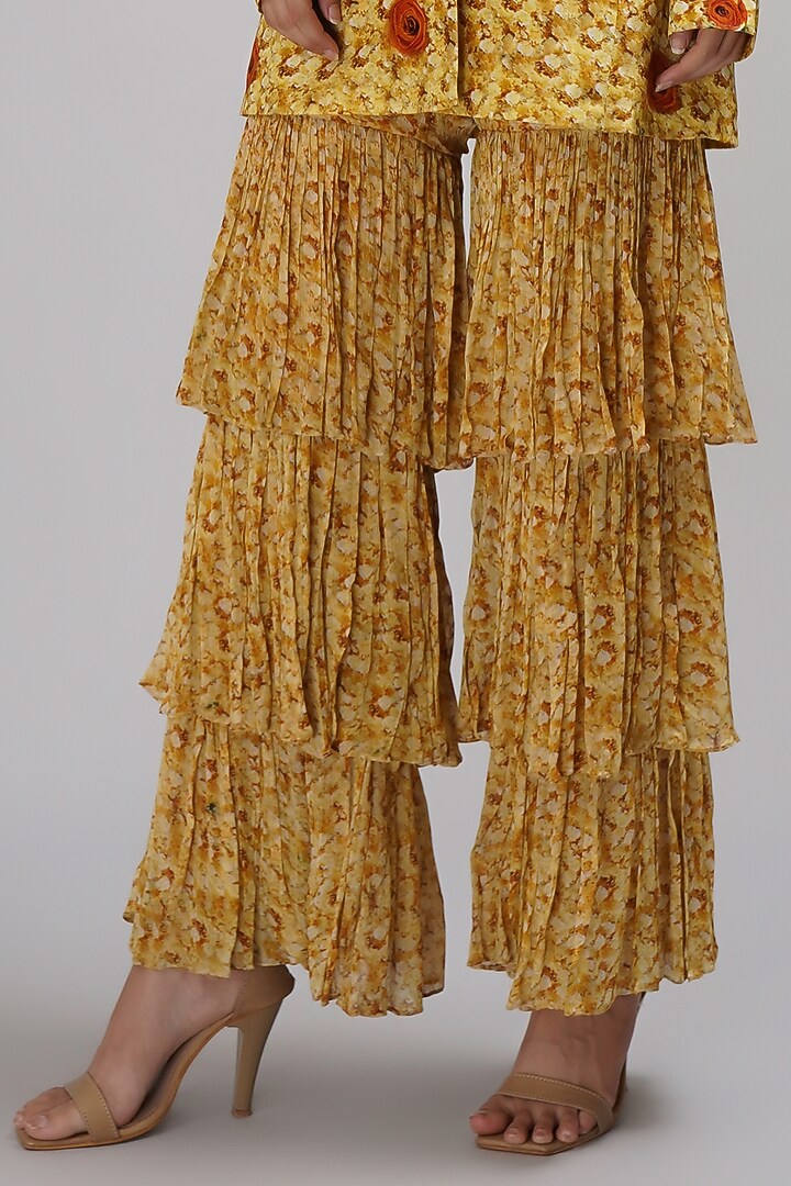Yellow Chinon Floral Printed Layered Wedding Sharara Set by Breathe By Aakanksha Singh at Pernia's Pop Up Shop