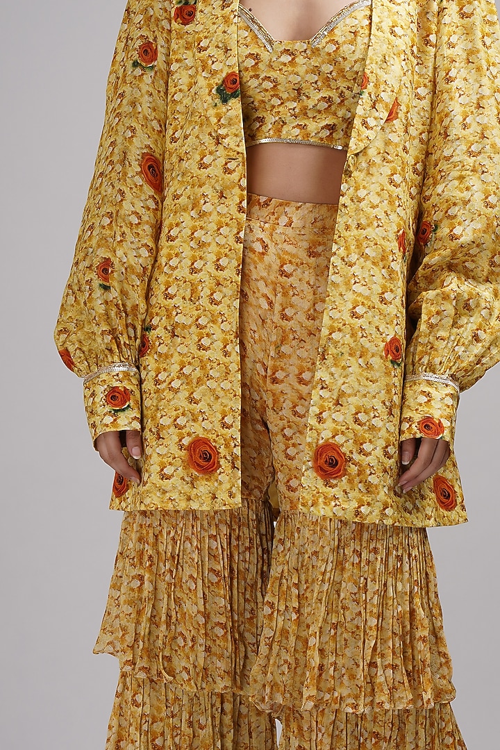 Yellow Chinon Floral Printed Layered Wedding Sharara Set by Breathe By Aakanksha Singh at Pernia's Pop Up Shop