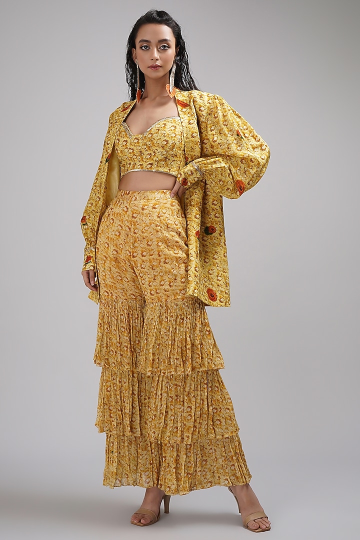 Yellow Chinon Floral Printed Layered Wedding Sharara Set by Breathe By Aakanksha Singh at Pernia's Pop Up Shop