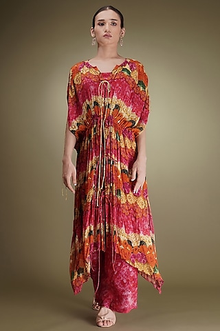 Pink Chinon Floral Printed Kaftan Set by Breathe By Aakanksha Singh