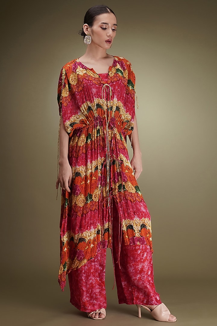 Pink Chinon Floral Printed Kaftan Set by Breathe By Aakanksha Singh at Pernia's Pop Up Shop