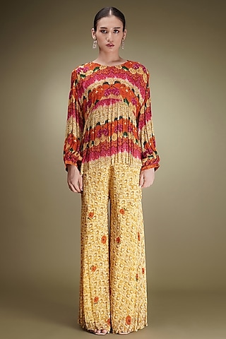 Yellow-Orange Chinon Floral Printed Sharara Set by Breathe By Aakanksha Singh