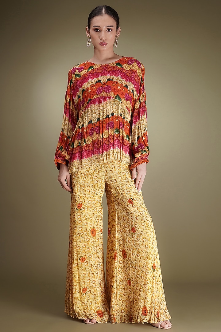 Yellow-Orange Chinon Floral Printed Party Wear Sharara Set by Breathe By Aakanksha Singh at Pernia's Pop Up Shop