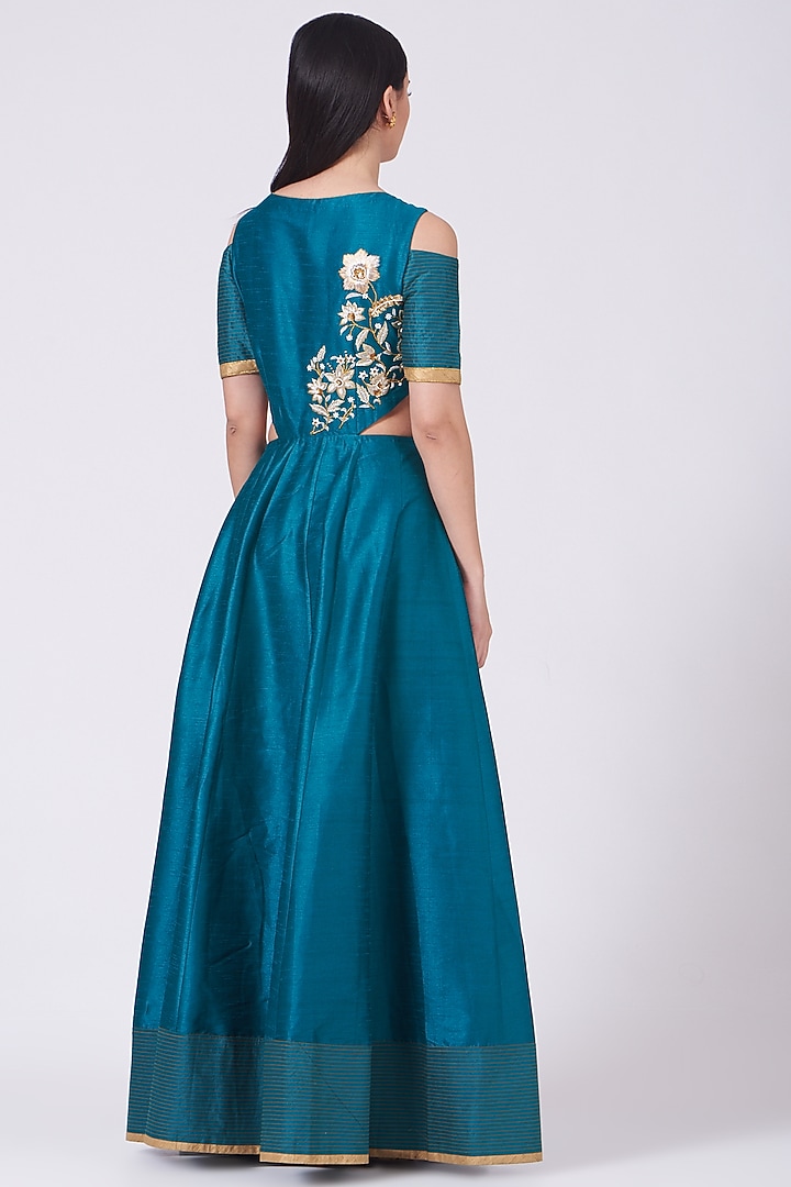 Teal Embroidered Anarkali Engagement Gown by Breathe By Aakanksha Singh at Pernia's Pop Up Shop