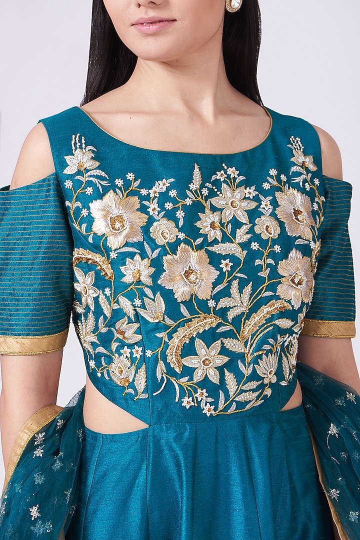 Teal Embroidered Anarkali Engagement Gown by Breathe By Aakanksha Singh at Pernia's Pop Up Shop