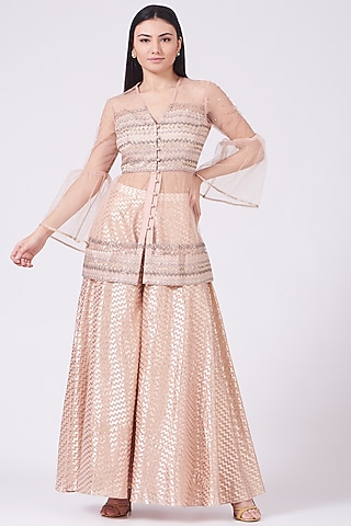 Peach Embroidered Sharara Set by Breathe By Aakanksha Singh