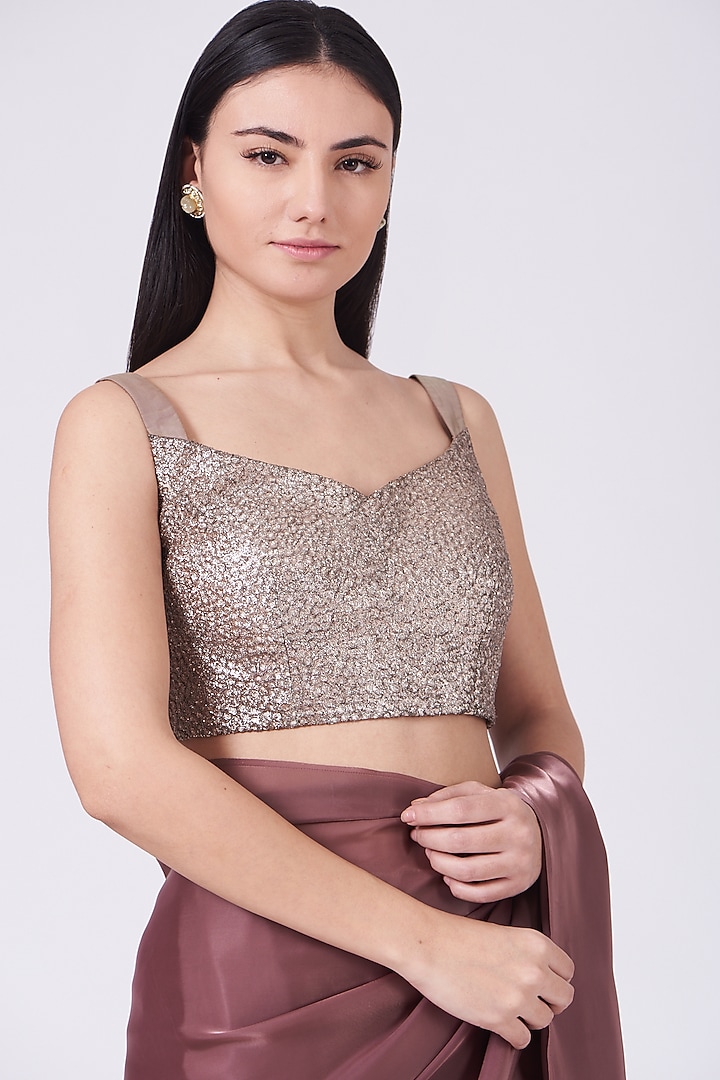 Greyish Pink Sand Satin Wedding Saree Set by Breathe By Aakanksha Singh at Pernia's Pop Up Shop
