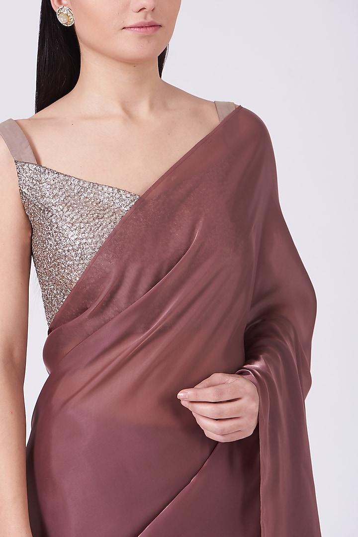 Greyish Pink Sand Satin Wedding Saree Set by Breathe By Aakanksha Singh at Pernia's Pop Up Shop