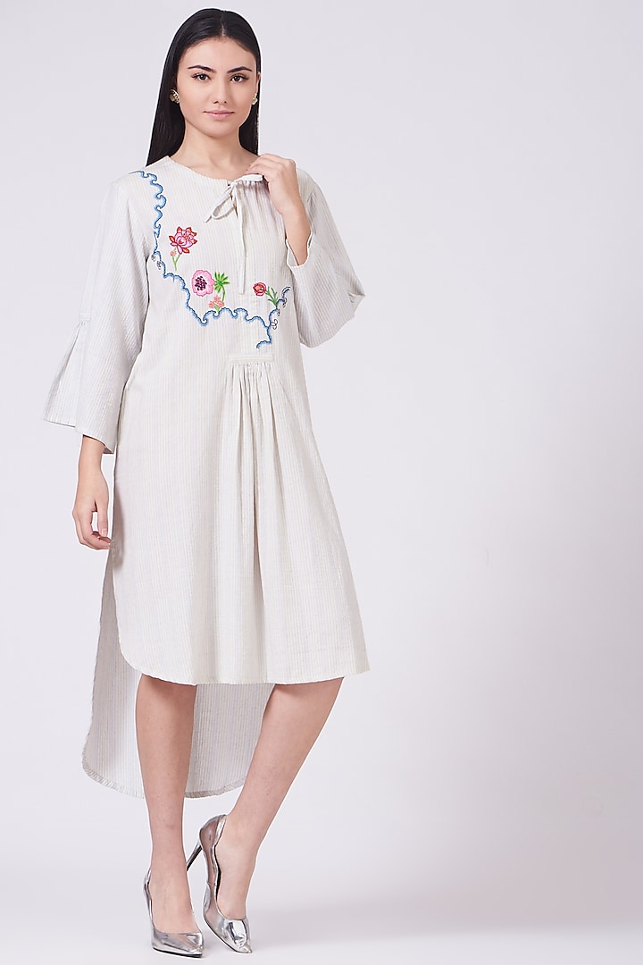 White Hand Embroidered Asymmetrical Tunic Dress by Breathe By Aakanksha Singh at Pernia's Pop Up Shop