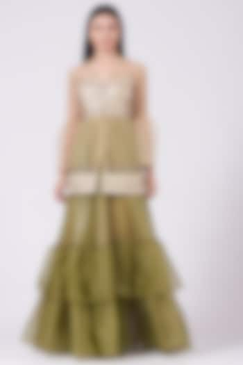 Olive Green Organza Layered Skirt Set by Breathe By Aakanksha Singh at Pernia's Pop Up Shop