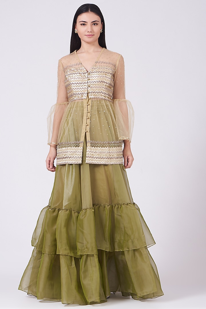 Olive Green Organza Layered Skirt Set by Breathe By Aakanksha Singh at Pernia's Pop Up Shop