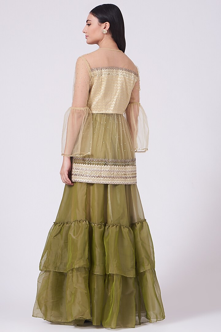 Olive Green Organza Layered Skirt Set by Breathe By Aakanksha Singh at Pernia's Pop Up Shop