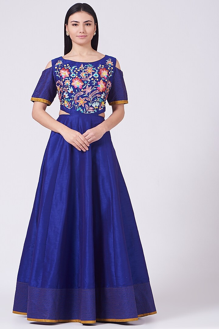 Blueberry Embroidered Cold Shoulder Engagement Gown by Breathe By Aakanksha Singh at Pernia's Pop Up Shop