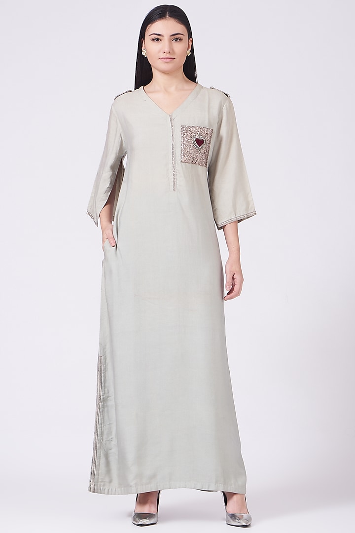 Bleak Green Embroidered Long Tunic by Breathe By Aakanksha Singh at Pernia's Pop Up Shop