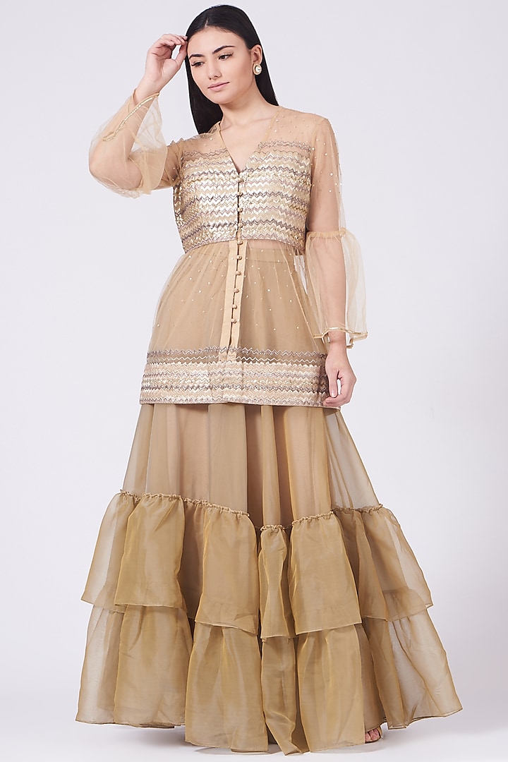 Beige Organza Layered Skirt Set by Breathe By Aakanksha Singh at Pernia's Pop Up Shop