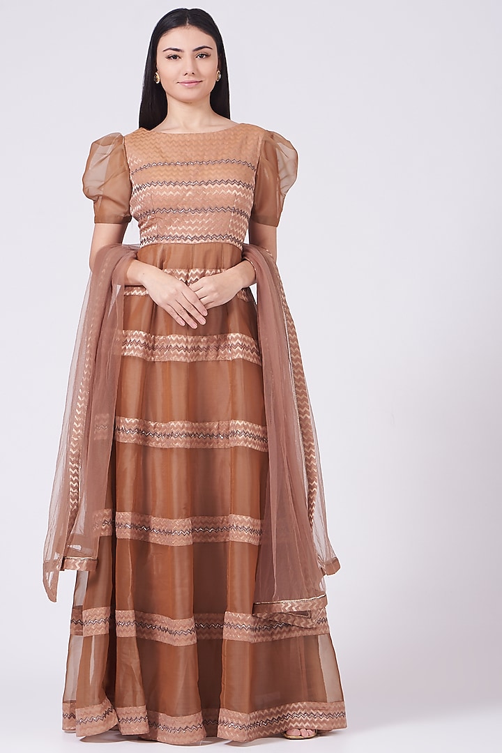 Brown Hand Embroidered Anarkali Gown Set by Breathe By Aakanksha Singh