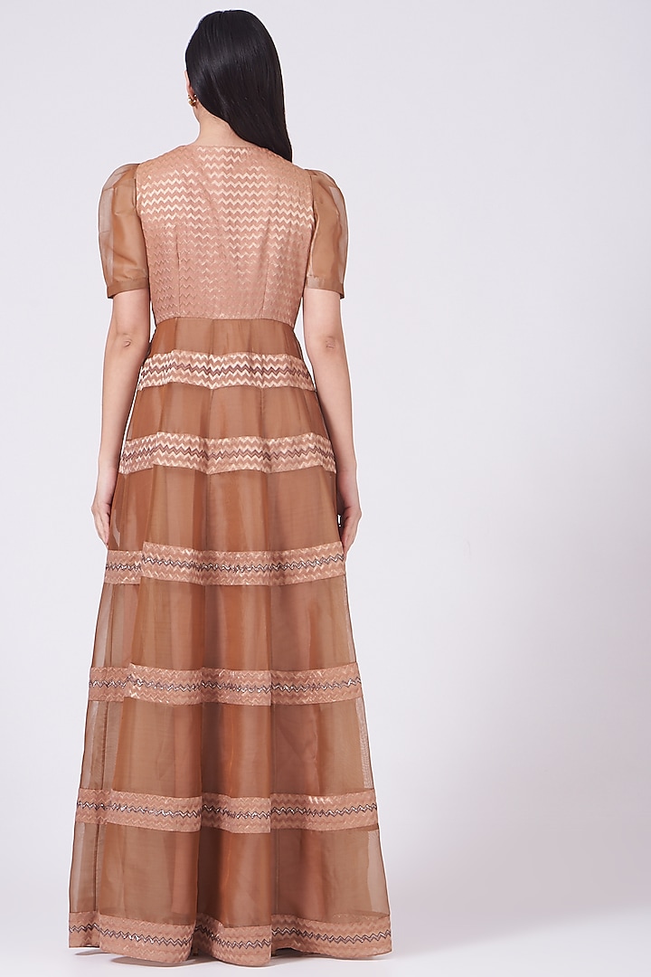 Brown Hand Embroidered Anarkali Engagement Gown Set by Breathe By Aakanksha Singh at Pernia's Pop Up Shop
