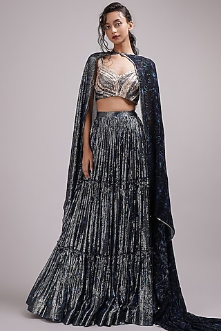 Navy Blue Shimmer Georgette Hand Painted Tiered Lehenga Set by Breathe By Aakanksha Singh