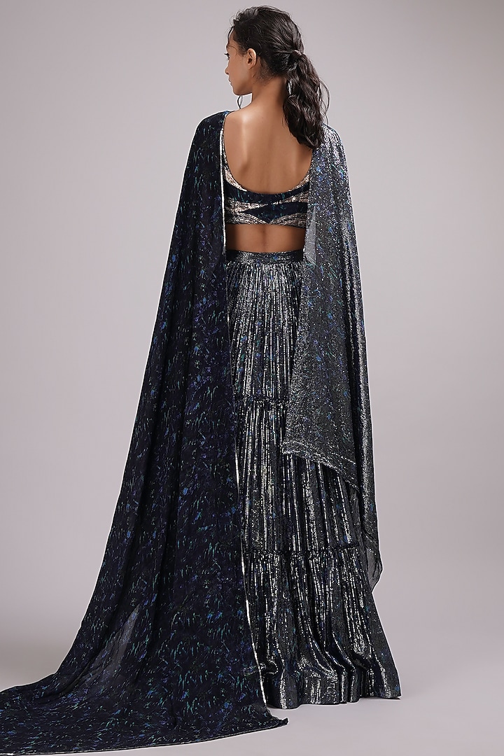 Navy Blue Shimmer Georgette Hand Painted Tiered Wedding Lehenga Set by Breathe By Aakanksha Singh at Pernia's Pop Up Shop