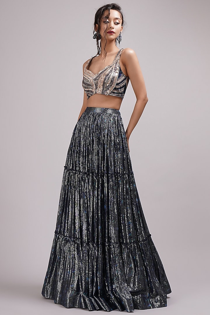 Navy Blue Shimmer Georgette Hand Painted Tiered Wedding Lehenga Set by Breathe By Aakanksha Singh at Pernia's Pop Up Shop