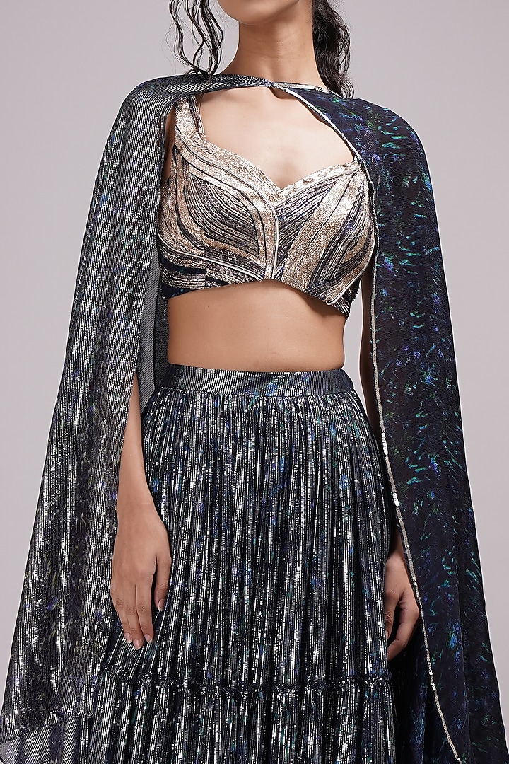 Navy Blue Shimmer Georgette Hand Painted Tiered Wedding Lehenga Set by Breathe By Aakanksha Singh at Pernia's Pop Up Shop