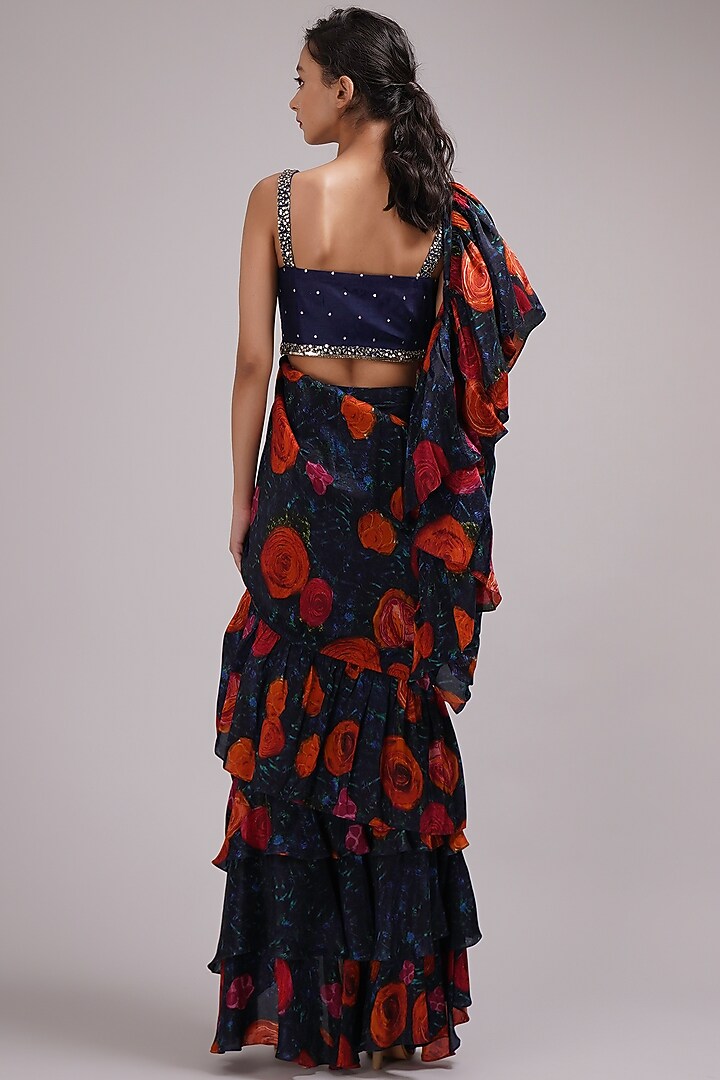 Navy Blue Upada Silk Floral Printed Ruffled Wedding Saree Set by Breathe By Aakanksha Singh at Pernia's Pop Up Shop