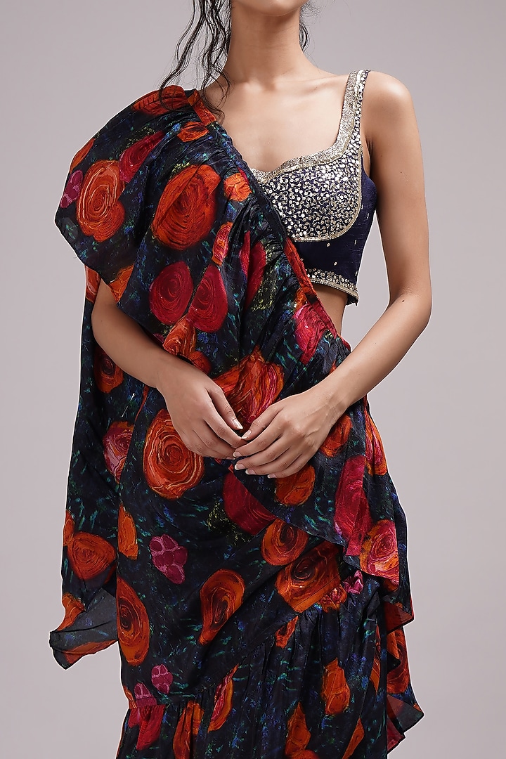 Navy Blue Upada Silk Floral Printed Ruffled Wedding Saree Set by Breathe By Aakanksha Singh at Pernia's Pop Up Shop