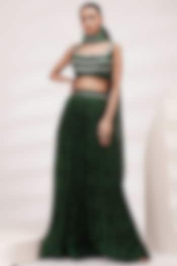 Grass Green Chinon Hand Painted Wedding Lehenga Set by Breathe By Aakanksha Singh at Pernia's Pop Up Shop