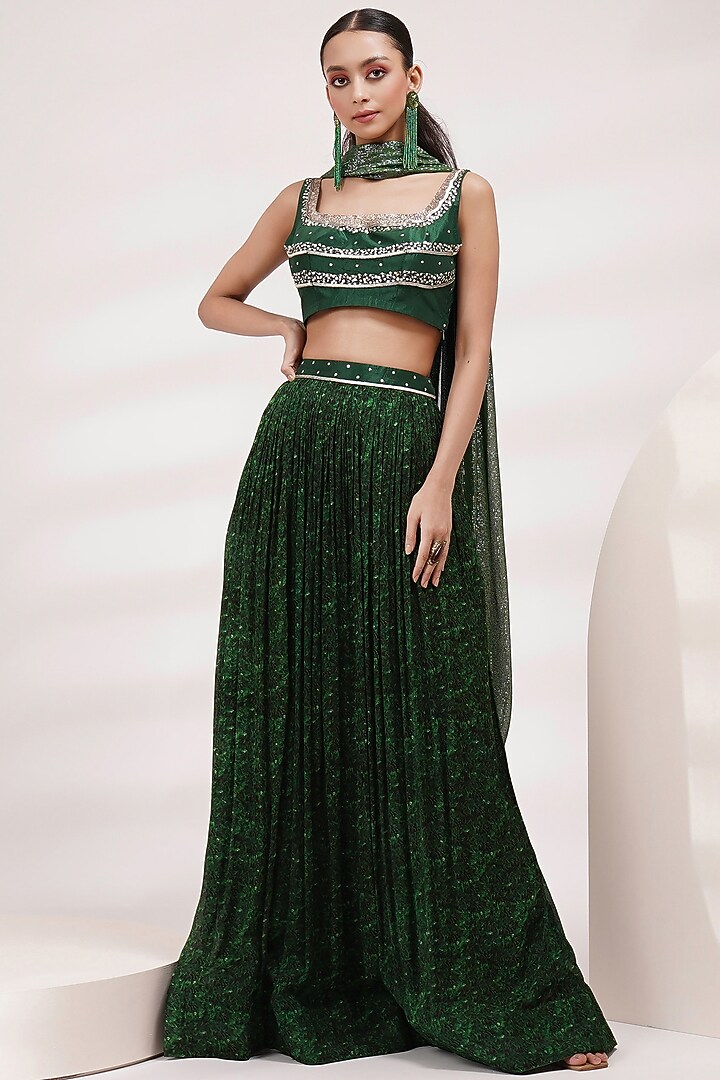 Grass Green Chinon Hand Painted Wedding Lehenga Set by Breathe By Aakanksha Singh at Pernia's Pop Up Shop