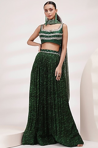 Grass Green Chinon Hand Painted Lehenga Set by Breathe By Aakanksha Singh