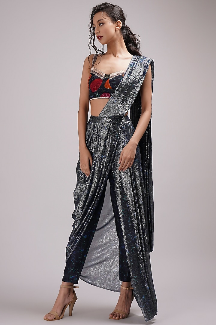 Navy Blue Shimmer Georgette Hand Painted Draped Pant Wedding Saree Set by Breathe By Aakanksha Singh at Pernia's Pop Up Shop