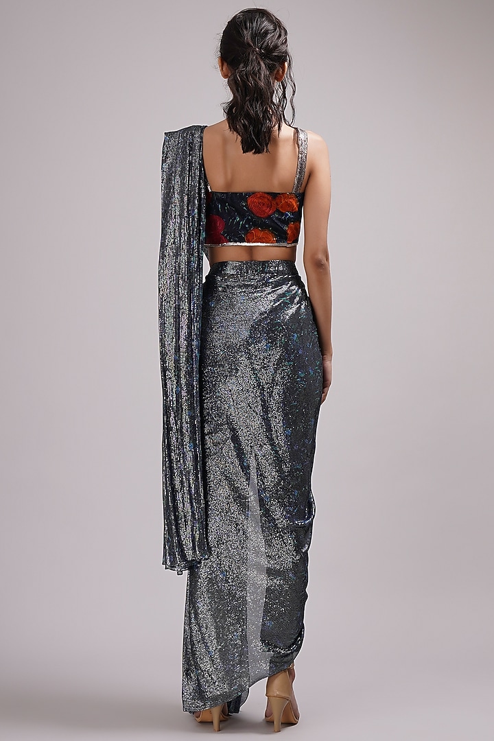 Navy Blue Shimmer Georgette Hand Painted Draped Pant Wedding Saree Set by Breathe By Aakanksha Singh at Pernia's Pop Up Shop