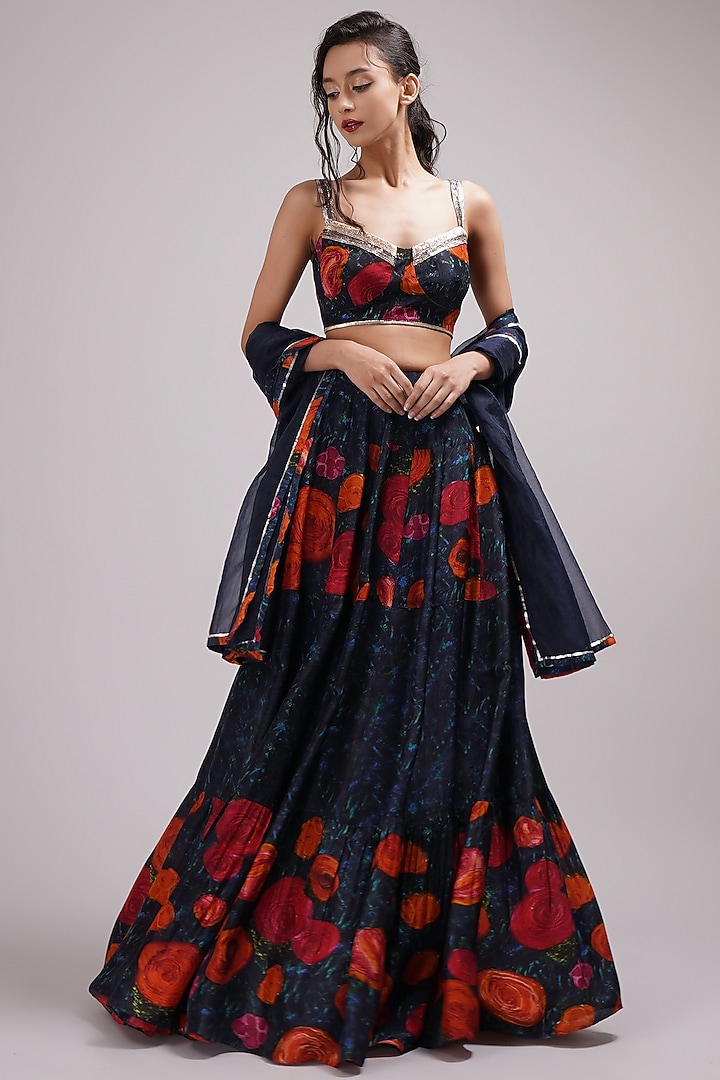 Navy Blue Upada Silk Floral Printed Tiered Wedding Lehenga Set by Breathe By Aakanksha Singh at Pernia's Pop Up Shop