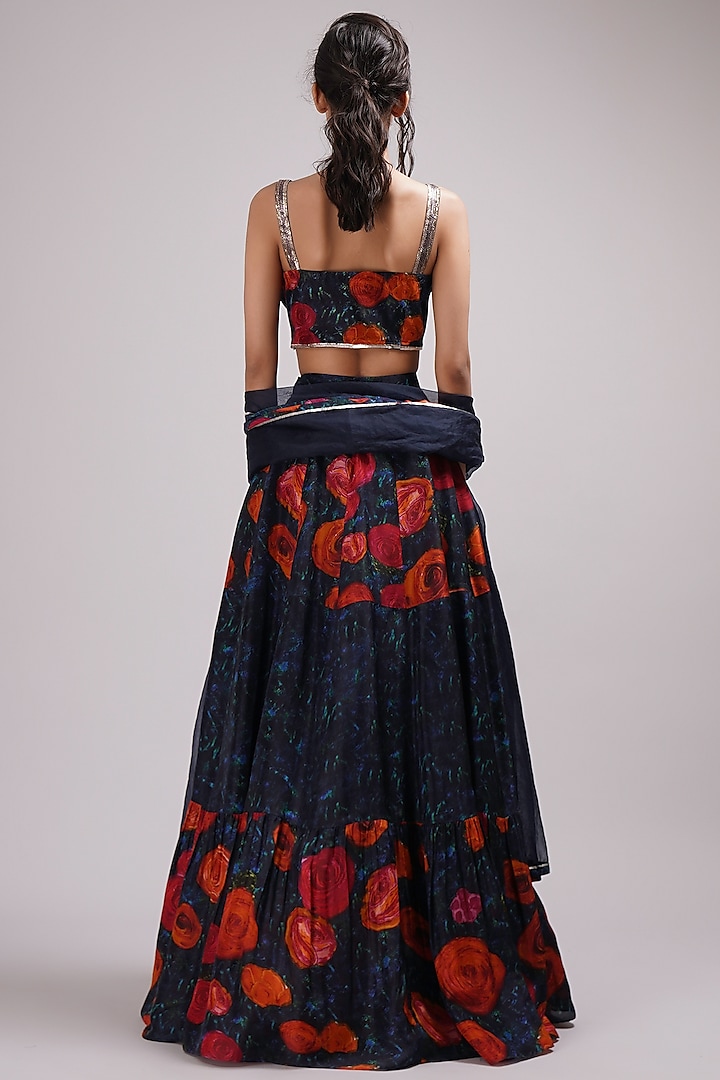 Navy Blue Upada Silk Floral Printed Tiered Wedding Lehenga Set by Breathe By Aakanksha Singh at Pernia's Pop Up Shop