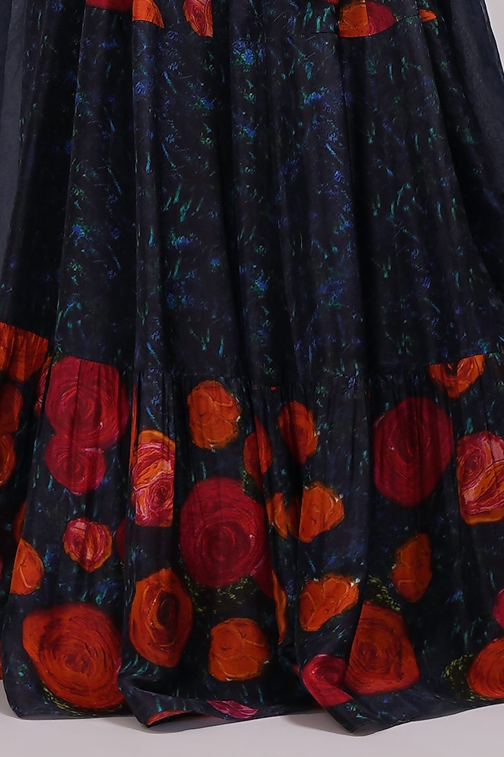 Navy Blue Upada Silk Floral Printed Tiered Wedding Lehenga Set by Breathe By Aakanksha Singh at Pernia's Pop Up Shop