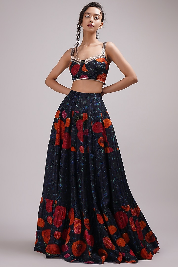 Navy Blue Upada Silk Floral Printed Tiered Wedding Lehenga Set by Breathe By Aakanksha Singh at Pernia's Pop Up Shop