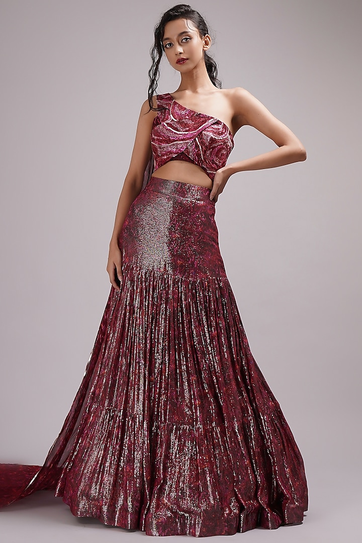 Wine Shimmer Georgette Hand Painted Tiered Wedding Lehenga Set by Breathe By Aakanksha Singh at Pernia's Pop Up Shop