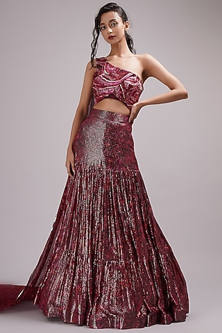 Wine Shimmer Georgette Hand Painted Tiered Lehenga Set by Breathe By Aakanksha Singh