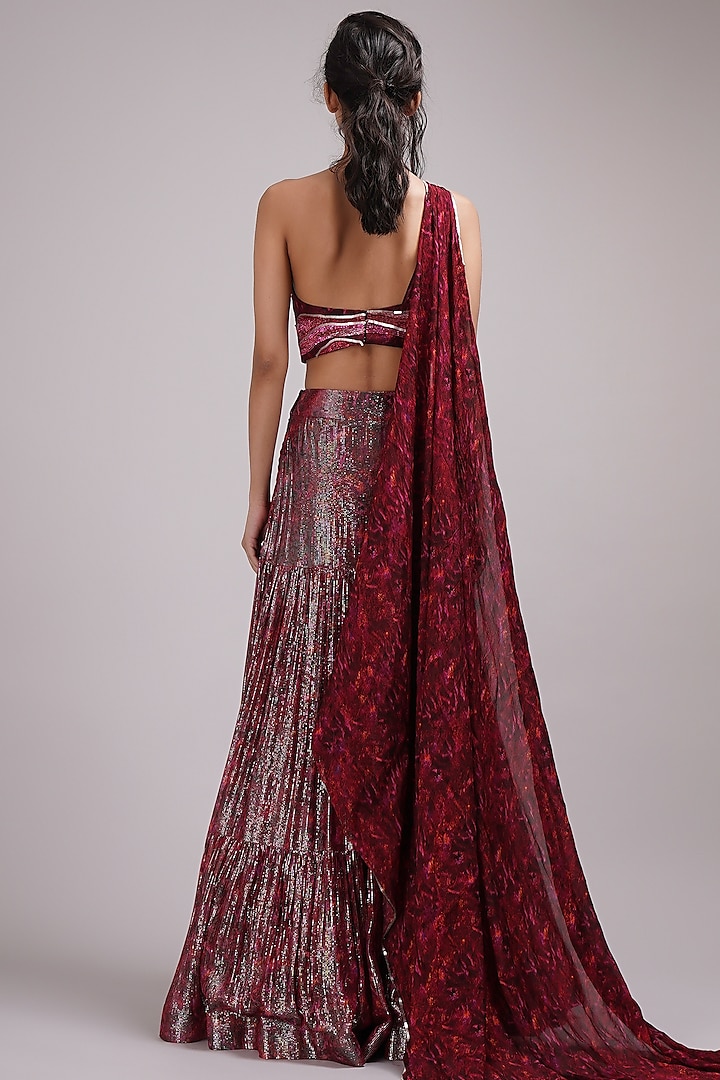 Wine Shimmer Georgette Hand Painted Tiered Wedding Lehenga Set by Breathe By Aakanksha Singh at Pernia's Pop Up Shop