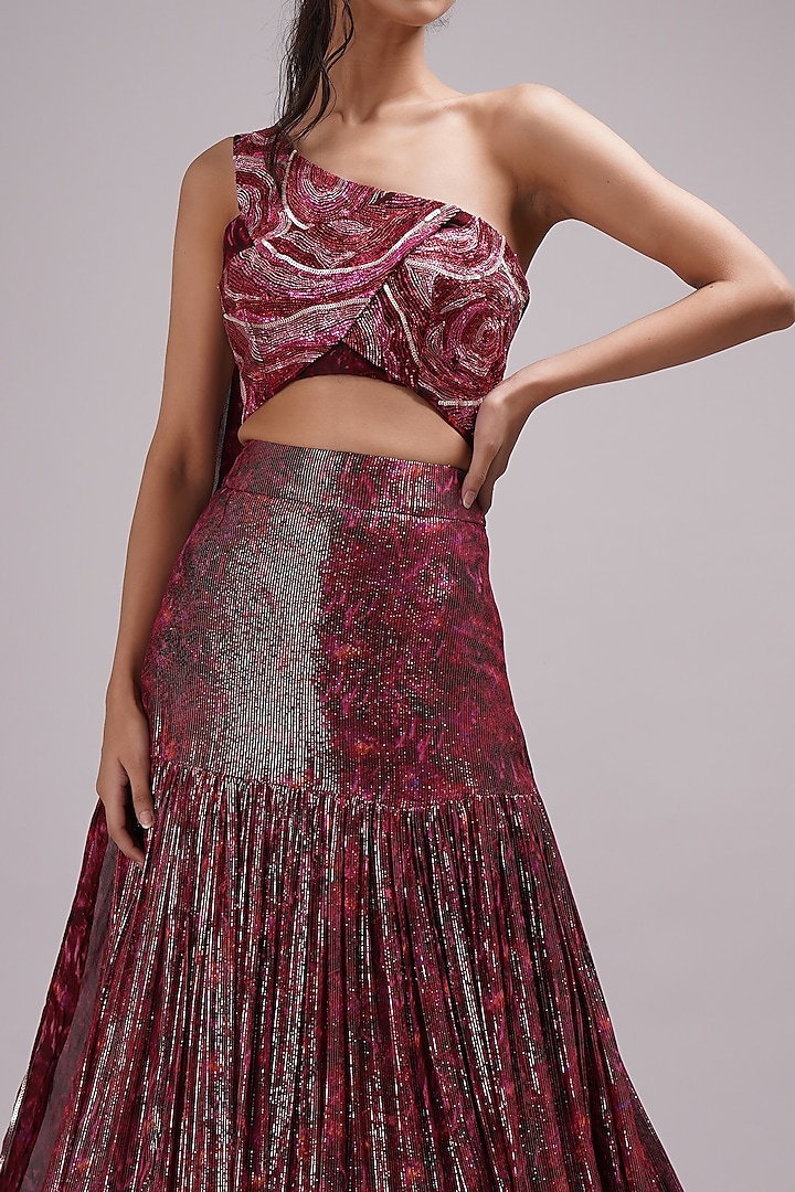 Wine Shimmer Georgette Hand Painted Tiered Wedding Lehenga Set by Breathe By Aakanksha Singh at Pernia's Pop Up Shop