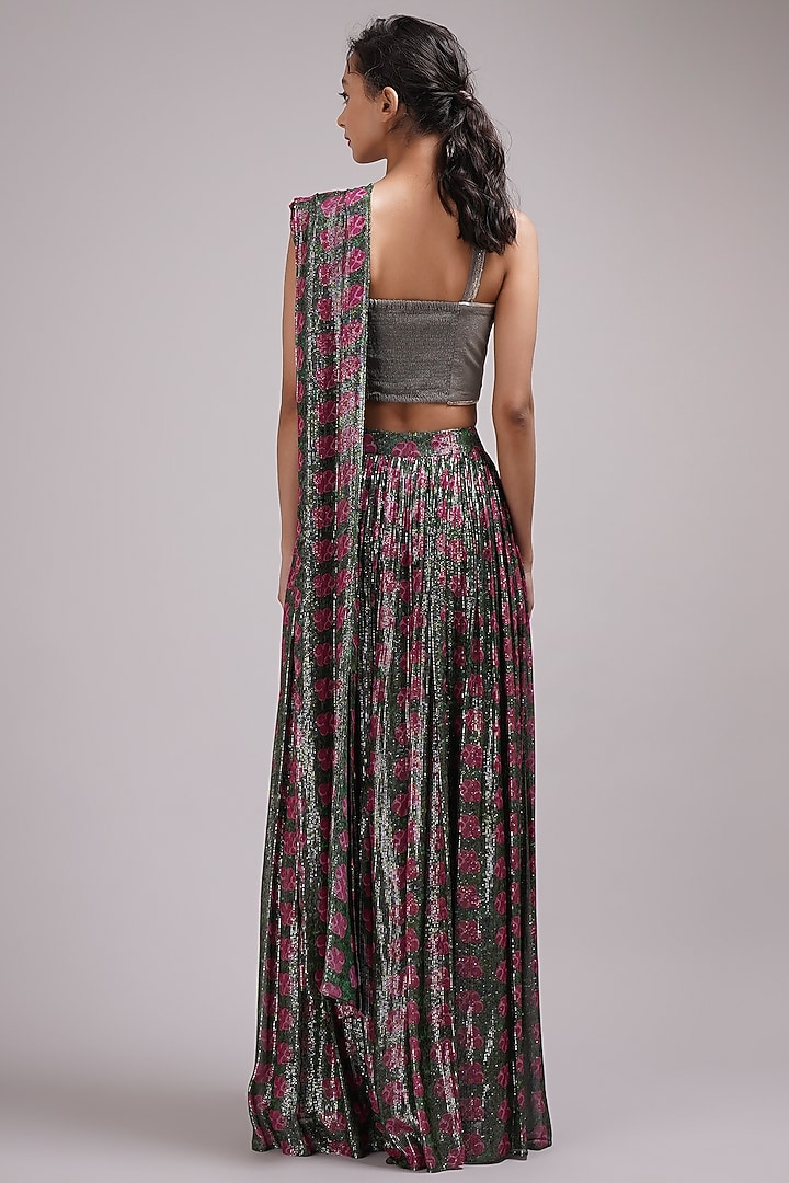 Pink & Green Shimmer Georgette Hand Painted Wedding Saree Set by Breathe By Aakanksha Singh at Pernia's Pop Up Shop