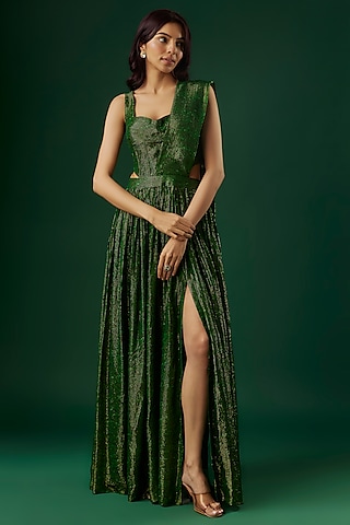Green Shimmer Georgette Handpanted Slit Skirt Saree Set by Breathe By Aakanksha Singh