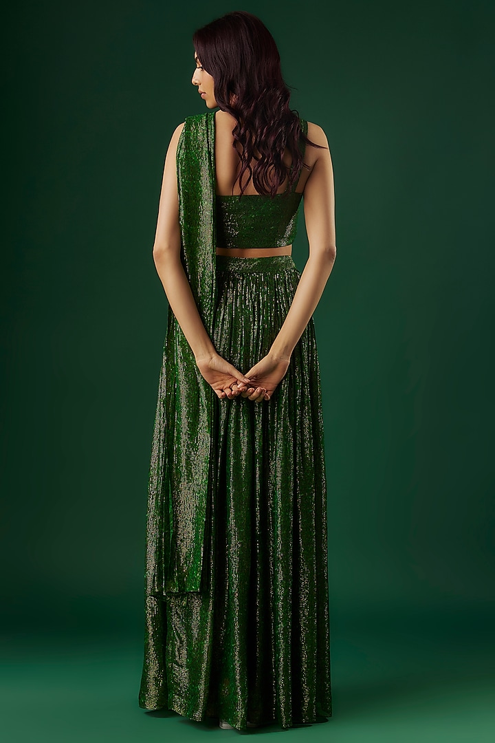 Green Shimmer Georgette Handpanted Slit Skirt Wedding Saree Set by Breathe By Aakanksha Singh at Pernia's Pop Up Shop