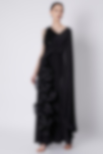Black Crepe & Net Ruffled Draped One-Shoulder Gown Saree by Babita Malkani