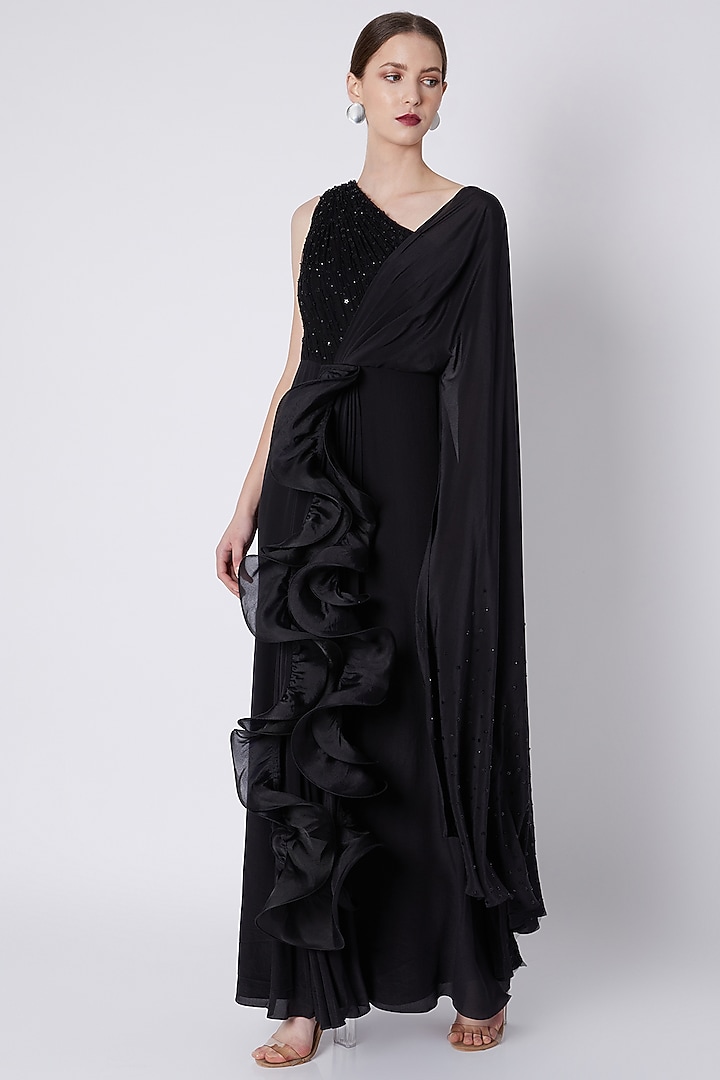 Black Crepe & Net Ruffled Draped One-Shoulder Reception Gown Saree by Babita Malkani at Pernia's Pop Up Shop