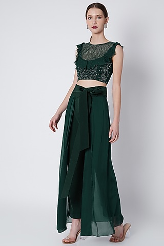 Emerald Green Embroidered Blouse With Lehenga Pants & Sash by Babita Malkani