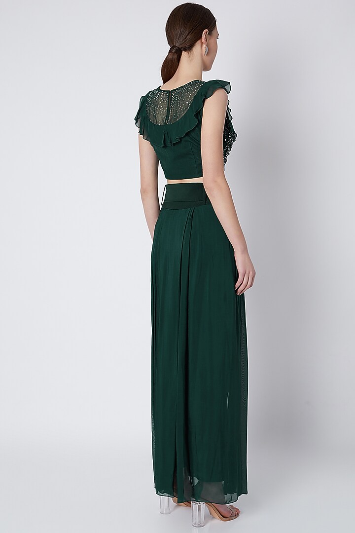 Emerald Green Embroidered Blouse With Lehenga Pants & Sash by Babita Malkani at Pernia's Pop Up Shop