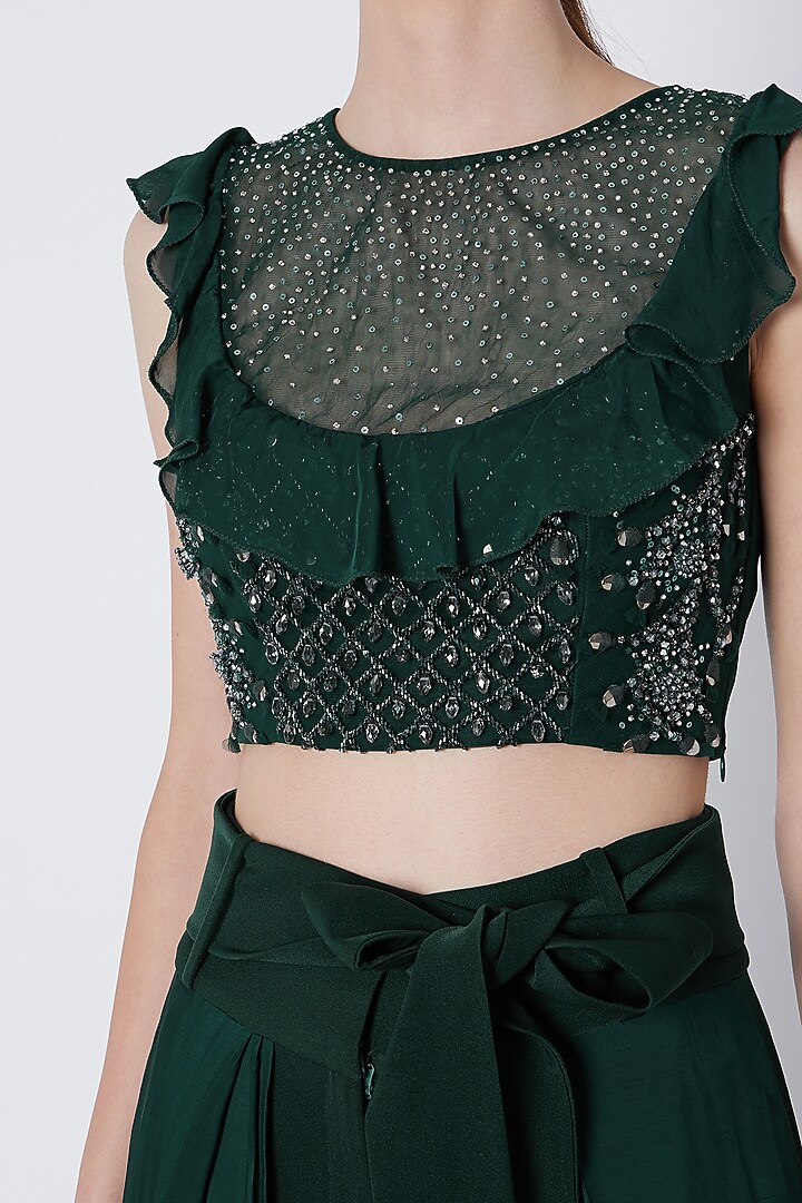 Emerald Green Embroidered Blouse With Lehenga Pants & Sash by Babita Malkani at Pernia's Pop Up Shop